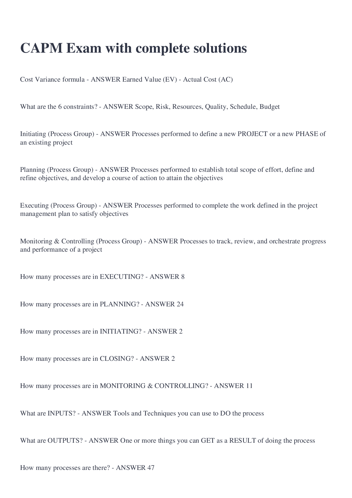 Preview image for CAPM Exam with complete solutions